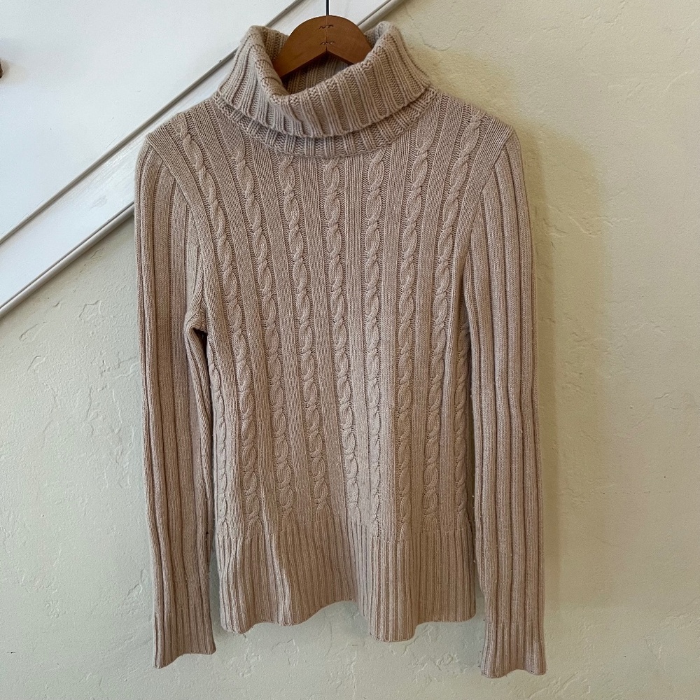 J. Crew Cable Knit Wool Turtleneck Sweater VTG M Cream